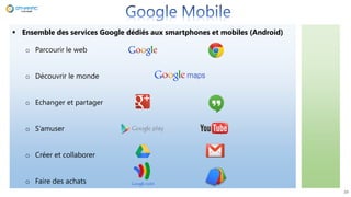 29
 Ensemble des services Google dédiés aux smartphones et mobiles (Android)
o Parcourir le web
o Découvrir le monde
o Echanger et partager
o S’amuser
o Créer et collaborer
o Faire des achats
 