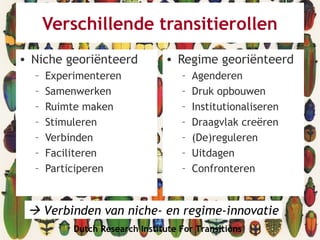 Dutch Research Institute For Transitions
Verschillende transitierollen
• Niche georiënteerd
– Experimenteren
– Samenwerken
– Ruimte maken
– Stimuleren
– Verbinden
– Faciliteren
– Participeren
• Regime georiënteerd
– Agenderen
– Druk opbouwen
– Institutionaliseren
– Draagvlak creëren
– (De)reguleren
– Uitdagen
– Confronteren
 Verbinden van niche- en regime-innovatie
 