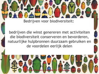 Bedrijven voor biodiversiteit:
bedrijven die winst genereren met activiteiten
die biodiversiteit conserveren en bevorderen,
natuurlijke hulpbronnen duurzaam gebruiken en
de voordelen eerlijk delen
Dutch Research Institute For Transitions
 