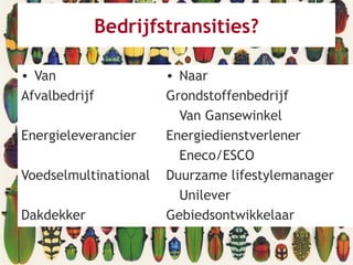 Bedrijfstransities?
• Van
Afvalbedrijf
Energieleverancier
Voedselmultinational
Dakdekker
• Naar
Grondstoffenbedrijf
Van Gansewinkel
Energiedienstverlener
Eneco/ESCO
Duurzame lifestylemanager
Unilever
Gebiedsontwikkelaar
 