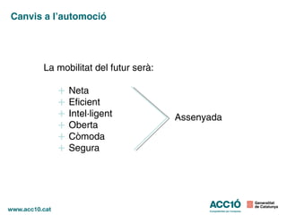 Canvis a l’automoció
La mobilitat del futur serà:
+ Neta
+ Eficient
+ Intel·ligent
+ Oberta
+ Còmoda
+ Segura
Assenyada
 