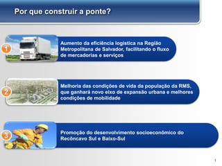 Por que construir a ponte?
Aumento da eficiência logística na Região
Metropolitana de Salvador, facilitando o fluxo
de mercadorias e serviços
1
Melhoria das condições de vida da população da RMS,
que ganhará novo eixo de expansão urbana e melhores
condições de mobilidade
2
1
Promoção do desenvolvimento socioeconômico do
Recôncavo Sul e Baixo-Sul3
 