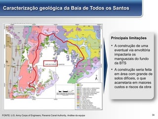 34
Caracterização geológica da Baía de Todos os Santos
FONTE: U.S. Army Corps of Engineers, Panamá Canal Authority, Análise da equipe
▪ A construção de uma
eventual via envoltória
impactaria os
manguezais do fundo
da BTS
▪ A construção seria feita
em área com grande de
solos difíceis, o que
acarretaria em maiores
custos e riscos da obra
Principais limitações
 
