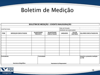 Boletim de Medição
18
BOLETIM DE MEDIÇÃO – EVENTO INAUGURAÇÃO
CONTRATADA:
Data de Emissão:
PERÍODO DE EXECUÇÃO:
ITEM SERVIÇOS EXECUTADOS
QUANTIDADE
PREVISTA
QUANTIDADE
EXECUTADAS
UNIDADES
VALOR
UNITÁRIO
VALORES EXECUTADOS R$
Contratante:
Assinatura MogiOffice
Contratada:
Assinatura do Responsável
Importa a presente medição
em R$
 