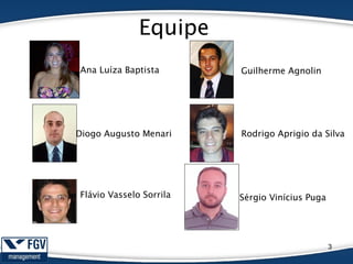 Equipe
3
Diogo Augusto Menari
Flávio Vasselo Sorrila
Guilherme AgnolinAna Luíza Baptista
Rodrigo Aprigio da Silva
Sérgio Vinícius Puga
 