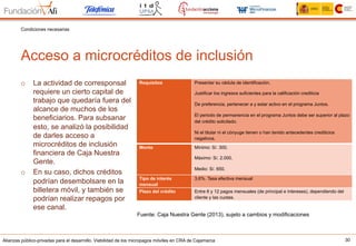 Alianzas público-privadas para el desarrollo. Viabilidad de los micropagos móviles en CRA de Cajamarca 30
Acceso a microcréditos de inclusión
Condiciones necesarias
o  La actividad de corresponsal
requiere un cierto capital de
trabajo que quedaría fuera del
alcance de muchos de los
beneficiarios. Para subsanar
esto, se analizó la posibilidad
de darles acceso a
microcréditos de inclusión
financiera de Caja Nuestra
Gente.
o  En su caso, dichos créditos
podrían desembolsare en la
billetera móvil, y también se
podrían realizar repagos por
ese canal.
Requisitos Presentar su cédula de identificación.
Justificar los ingresos suficientes para la calificación crediticia
De preferencia, pertenecer a y estar activo en el programa Juntos.
El periodo de permanencia en el programa Juntos debe ser superior al plazo
del crédito solicitado.
Ni el titular ni el cónyuge tienen o han tenido antecedentes crediticios
negativos.
Monto Mínimo: S/. 300.
Máximo: S/. 2.000.
Medio: S/. 650.
Tipo de interés
mensual
3,6%. Tasa efectiva mensual
Plazo del crédito Entre 6 y 12 pagos mensuales (de principal e intereses), dependiendo del
cliente y las cuotas.
Fuente: Caja Nuestra Gente (2013), sujeto a cambios y modificaciones
 