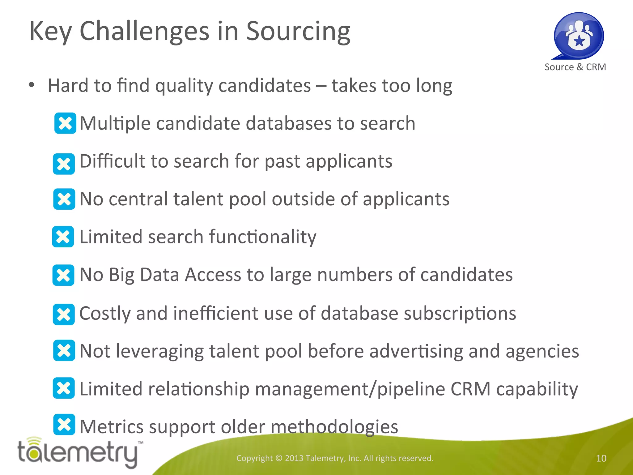 Key	
  Challenges	
  in	
  Sourcing	
  
Copyright	
  ©	
  2013	
  Talemetry,	
  Inc.	
  All	
  rights	
  reserved.	
   10	
  
•  Hard	
  to	
  ﬁnd	
  quality	
  candidates	
  –	
  takes	
  too	
  long	
  
•  Mul<ple	
  candidate	
  databases	
  to	
  search	
  
•  Diﬃcult	
  to	
  search	
  for	
  past	
  applicants	
  
•  No	
  central	
  talent	
  pool	
  outside	
  of	
  applicants	
  
•  Limited	
  search	
  func<onality	
  
•  No	
  Big	
  Data	
  Access	
  to	
  large	
  numbers	
  of	
  candidates	
  
•  Costly	
  and	
  ineﬃcient	
  use	
  of	
  database	
  subscrip<ons	
  
•  Not	
  leveraging	
  talent	
  pool	
  before	
  adver<sing	
  and	
  agencies	
  	
  
•  Limited	
  rela<onship	
  management/pipeline	
  CRM	
  capability	
  
•  Metrics	
  support	
  older	
  methodologies	
  	
  
Source	
  &	
  CRM	
  
 