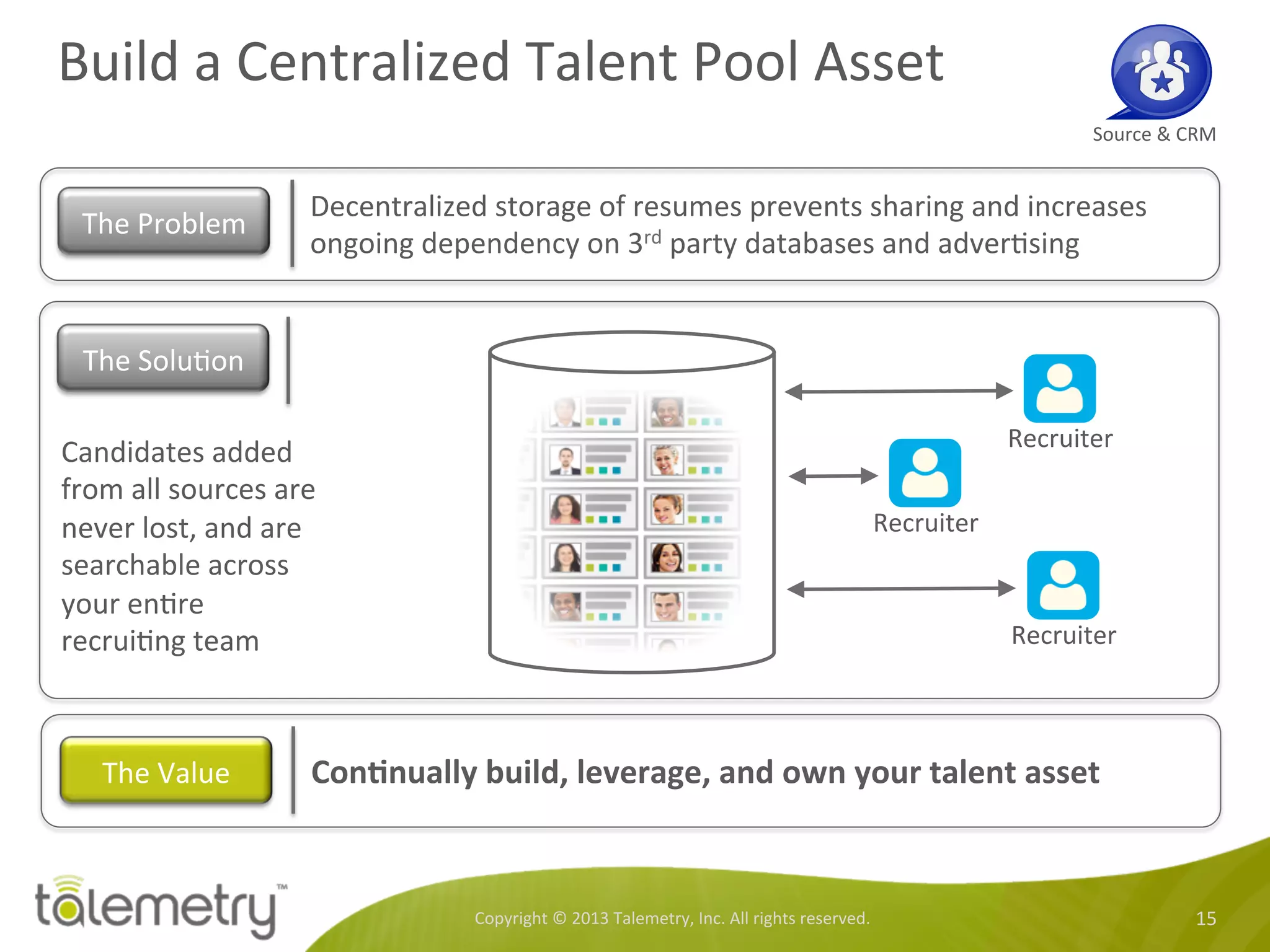 Build	
  a	
  Centralized	
  Talent	
  Pool	
  Asset	
  	
  
Copyright	
  ©	
  2013	
  Talemetry,	
  Inc.	
  All	
  rights	
  reserved.	
   15	
  
Source	
  &	
  CRM	
  
Decentralized	
  storage	
  of	
  resumes	
  prevents	
  sharing	
  and	
  increases	
  
ongoing	
  dependency	
  on	
  3rd	
  party	
  databases	
  and	
  adver<sing	
  
The	
  Problem	
  
Candidates	
  added	
  
from	
  all	
  sources	
  are	
  
never	
  lost,	
  and	
  are	
  
searchable	
  across	
  
your	
  en<re	
  
recrui<ng	
  team	
  	
  	
  
ConTnually	
  build,	
  leverage,	
  and	
  own	
  your	
  talent	
  asset	
  The	
  Value	
  
The	
  Solu<on	
  
Recruiter	
  
Recruiter	
  
Recruiter	
  
 