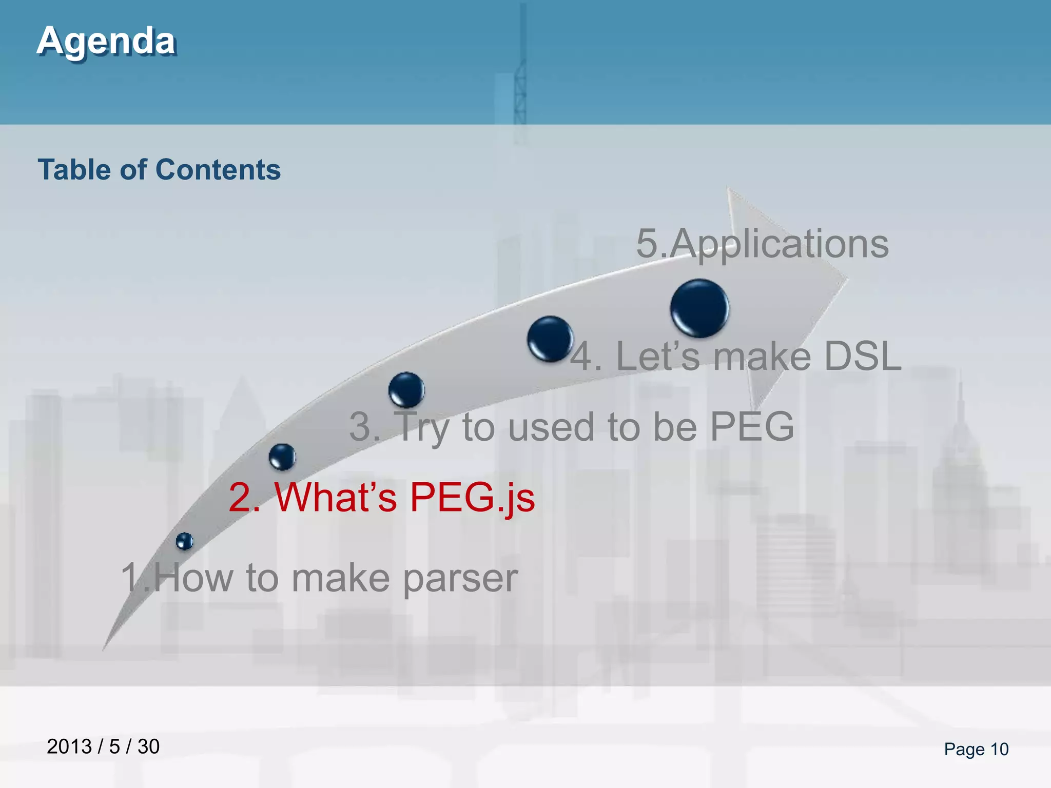 2013 / 5 / 30
Agenda
Page 10
Table of Contents
1.How to make parser
2. What’s PEG.js
3. Try to used to be PEG
4. Let’s make DSL
5.Applications
 