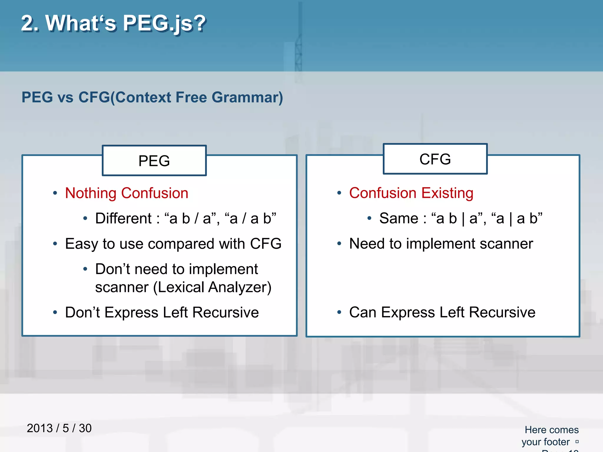 2013 / 5 / 30 Here comes
your footer 
2. What‘s PEG.js?
• Nothing Confusion
• Different : “a b / a”, “a / a b”
• Easy to use compared with CFG
• Don’t need to implement
scanner (Lexical Analyzer)
• Don’t Express Left Recursive
PEG vs CFG(Context Free Grammar)
• Confusion Existing
• Same : “a b | a”, “a | a b”
• Need to implement scanner
• Can Express Left Recursive
PEG CFG
 