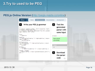 2013 / 5 / 30 Page 18
3.Try to used to be PEG
PEG.js Online Version (http://pegjs.majda.cz/online)
 