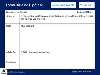 Componente: Canais Código: CH01
Hipotese O cliente fica satisfeito com a prestação do serviço (requisição/entregas
das tarefas) via Internet.
Teste Questionário
Validação ≥ 80% de respostas positivas
Resultado
www.fabricadestartups.com Copyright Fábrica de Startups, S.A.
Formulário de Hipótese Outworks (Equipa 28) Versão 1.0
 