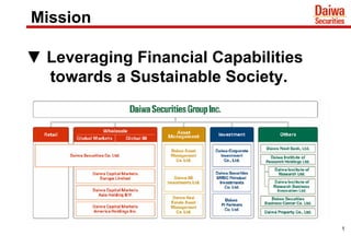 1
Mission
▼ Leveraging Financial Capabilities
towards a Sustainable Society.
 