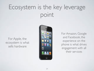 24
For Apple, the
ecosystem is what
sells hardware
For Amazon, Google
and Facebook, the
experience on the
phone is what drives
engagement with all
their services
Ecosystem is the key leverage
point
 