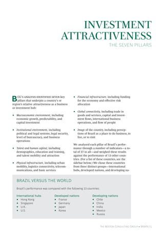 The Boston Consulting Group • BRAiN | 5
BCG’s analysis identified seven key
pillars that underpin a country’s or
region’s relative attractiveness as a business
or investment hub:
Macroeconomic environment,•• including
economic growth, predictability, and
capital investment
Institutional environment,•• including
political and legal systems, legal security,
level of bureaucracy, and business
operations
Talent and human capital,•• including
demographics, education and training,
and talent mobility and attraction
Physical infrastructure,•• including urban
mobility, logistics connectivity, telecom-
munications, and basic services
Financial infrastructure,•• including funding
for the economy and effective risk
allocation
Global connectivity,•• including trade in
goods and services, capital and invest-
ment flows, international business
operations, and flow of people
Image•• of the country, including percep-
tions of Brazil as a place to do business, to
live, or to visit
We analyzed each pillar of Brazil’s perfor-
mance through a number of indicators—a to-
tal of 57 in all—and weighed these results
against the performance of 13 other coun-
tries. (For a list of these countries, see the
sidebar below.) We chose these countries
from three distinct groups—international
hubs, developed nations, and developing na-
Investment
Attractiveness
The Seven Pillars
Brazil’s performance was compared with the following 13 countries:
International hubs
Hong Kong••
Singapore••
U.K.••
U.S.••
Developed nations
France••
Germany••
Japan••
Korea••
Developing nations
Chile••
China••
India••
Mexico••
Russia••
Brazil Versus the World
 