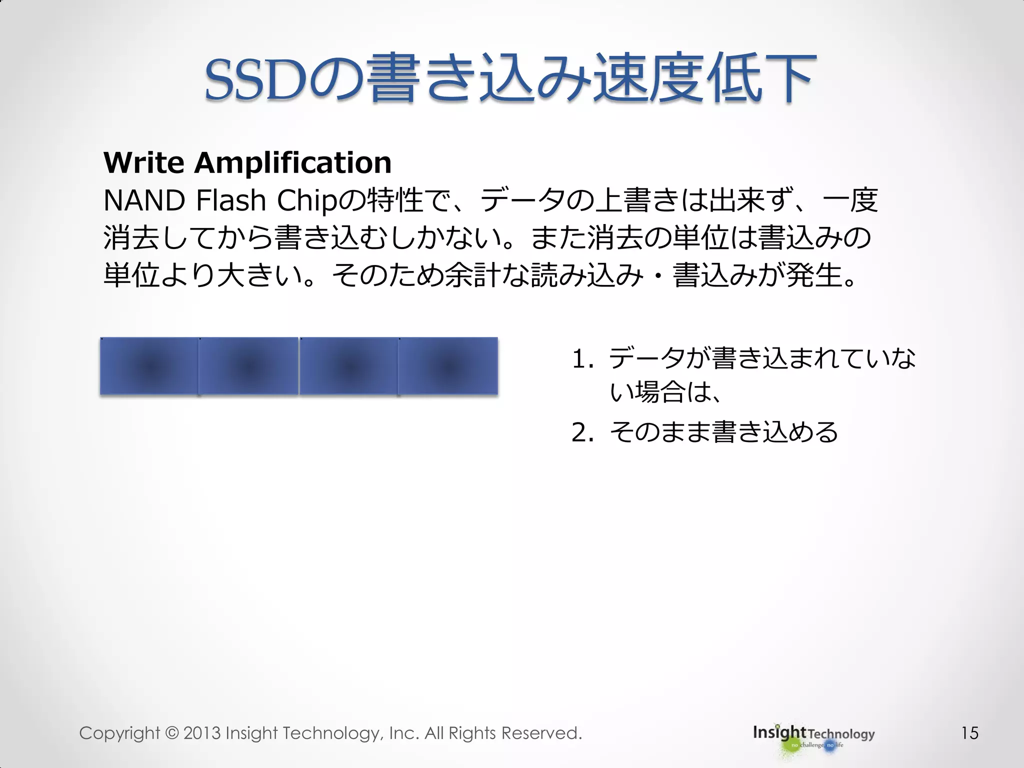 SSDの書き込み速度低下
15
Write Amplification
NAND Flash Chipの特性で、データの上書きは出来ず、一度
消去してから書き込むしかない。また消去の単位は書込みの
単位より大きい。そのため余計な読み込み・書込みが発生。
1. データが書き込まれていな
い場合は、
2. そのまま書き込める
Copyright © 2013 Insight Technology, Inc. All Rights Reserved.
 