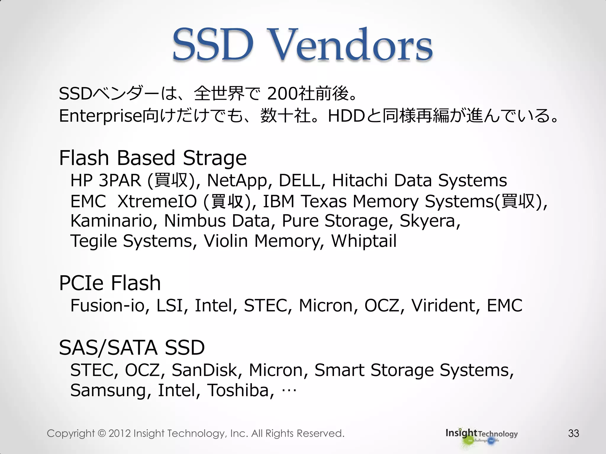SSD Vendors
33
SSDベンダーは、全世界で 200社前後。
Enterprise向けだけでも、数十社。HDDと同様再編が進んでいる。
Flash Based Strage
HP 3PAR (買収), NetApp, DELL, Hitachi Data Systems
EMC XtremeIO (買収), IBM Texas Memory Systems(買収),
Kaminario, Nimbus Data, Pure Storage, Skyera,
Tegile Systems, Violin Memory, Whiptail
PCIe Flash
Fusion-io, LSI, Intel, STEC, Micron, OCZ, Virident, EMC
SAS/SATA SSD
STEC, OCZ, SanDisk, Micron, Smart Storage Systems,
Samsung, Intel, Toshiba, …
Copyright © 2012 Insight Technology, Inc. All Rights Reserved.
 