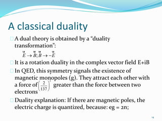 A classical duality 
A dual theory is obtained by a “duality 
transformation”: 
ur ur ur ur 
E B;BE 
It is a rotation d...