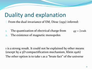 Duality and explanation 
From the dual invariance of EM, Dirac (1931) inferred: 
1. The quantization of electrical charge ...