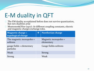 E-M duality in QFT 
The EM duality as explained before does not survive quantization, 
but new dualities arise 
Montonen&O...