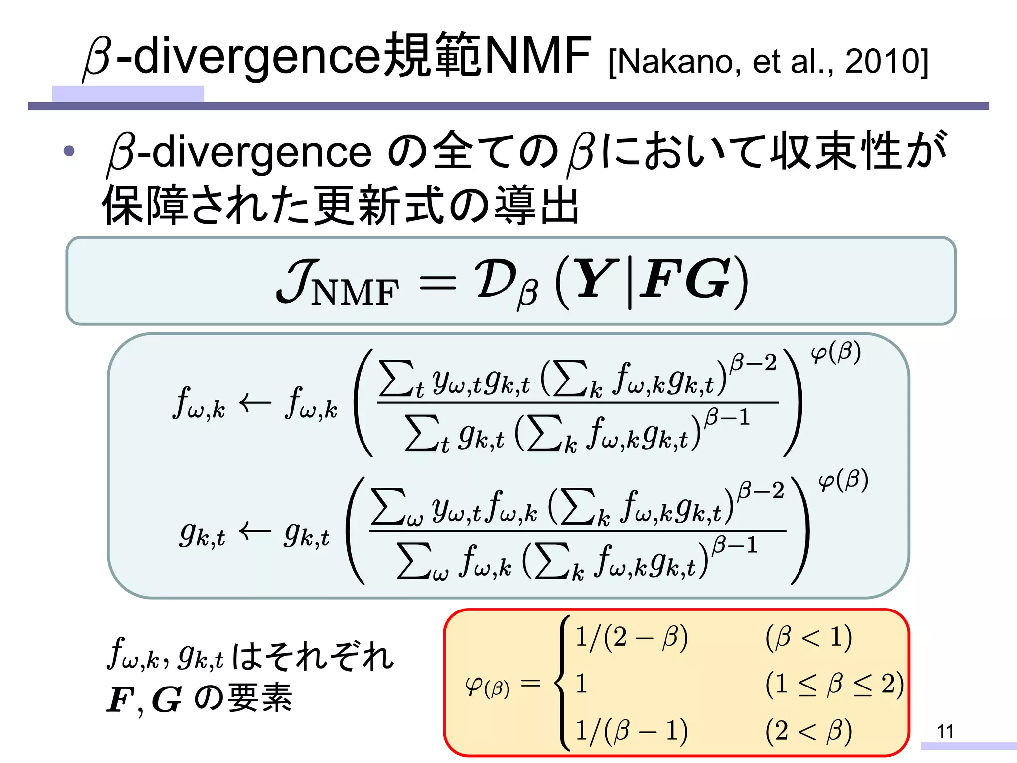 • -divergence の全ての において収束性が
保障された更新式の導出
-divergence規範NMF [Nakano, et al., 2010]
11
はそれぞれ
の要素
 