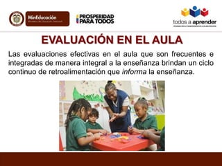 EVALUACIÓN EN EL AULA
Las evaluaciones efectivas en el aula que son frecuentes e
integradas de manera integral a la enseñanza brindan un ciclo
continuo de retroalimentación que informa la enseñanza.
 