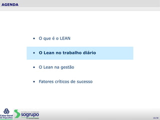 AGENDA
• O que é o LEAN
• O Lean no trabalho diário
• O Lean na gestão
• Fatores críticos de sucesso
16/38
 