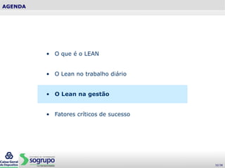 AGENDA
• O que é o LEAN
• O Lean no trabalho diário
• O Lean na gestão
• Fatores críticos de sucesso
32/38
 