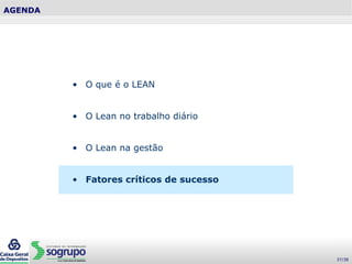 AGENDA
• O que é o LEAN
• O Lean no trabalho diário
• O Lean na gestão
• Fatores críticos de sucesso
37/38
 