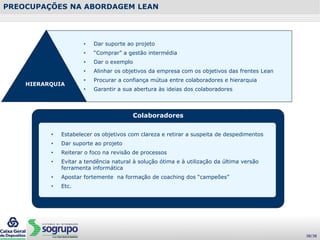 PREOCUPAÇÕES NA ABORDAGEM LEAN
• Dar suporte ao projeto
• “Comprar” a gestão intermédia
• Dar o exemplo
• Alinhar os objetivos da empresa com os objetivos das frentes Lean
• Procurar a confiança mútua entre colaboradores e hierarquia
• Garantir a sua abertura às ideias dos colaboradores
HIERARQUIA
Colaboradores
• Estabelecer os objetivos com clareza e retirar a suspeita de despedimentos
• Dar suporte ao projeto
• Reiterar o foco na revisão de processos
• Evitar a tendência natural à solução ótima e à utilização da última versão
ferramenta informática
• Apostar fortemente na formação de coaching dos “campeões”
• Etc.
38/38
 