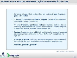 FATORES DE SUCESSO NA IMPLEMENTAÇÃO E SUSTENTAÇÃO DO LEAN
• Ser claro: o Lean não é opção, não é um projeto, é uma forma de
gerir e trabalhar
• O melhor momento para começar é agora, não esperar o momento
certo (aliás, nunca é oportuno)
• Procurar diferentes pontos de vista (solicitando a participação nos
workshop de elementos das equipas a montante e a jusante daquela
que está em análise, clientes, fornecedores, etc.)
• Praticar frequentemente o LRC e ir ao Gemba (ir ver como as coisas
acontecem, onde acontecem, no “chão de fábrica”, na agência, na
loja, etc.)
• Focar no processo e não nos resultados imediatos, se o processo é
bom, ele irá dar bons resultados mesmo que leve algum tempo
• Persistir, persistir, persistir
LRC - levantar o rabo da cadeira
40/38
 