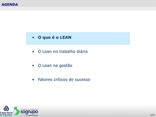 AGENDA
• O que é o LEAN
• O Lean no trabalho diário
• O Lean na gestão
• Fatores críticos de sucesso
4/38
 