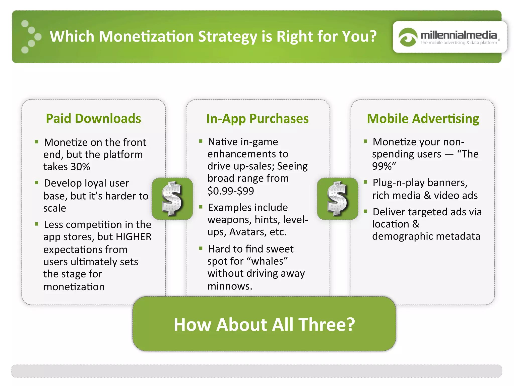 Which	
  Mone7za7on	
  Strategy	
  is	
  Right	
  for	
  You?	
  
Paid	
  Downloads	
  
§  Mone:ze	
  on	
  the	
  front	
  
end,	
  but	
  the	
  plaJorm	
  
takes	
  30%	
  
§  Develop	
  loyal	
  user	
  
base,	
  but	
  it’s	
  harder	
  to	
  
scale	
  
§  Less	
  compe::on	
  in	
  the	
  
app	
  stores,	
  but	
  HIGHER	
  
expecta:ons	
  from	
  
users	
  ul:mately	
  sets	
  
the	
  stage	
  for	
  	
  
mone:za:on	
  
In-­‐App	
  Purchases	
   Mobile	
  Adver7sing	
  
§  Na:ve	
  in-­‐game	
  
enhancements	
  to	
  
drive	
  up-­‐sales;	
  Seeing	
  
broad	
  range	
  from	
  	
  
$0.99-­‐$99	
  
§  Examples	
  include	
  
weapons,	
  hints,	
  level-­‐
ups,	
  Avatars,	
  etc.	
  
§  Hard	
  to	
  ﬁnd	
  sweet	
  
spot	
  for	
  “whales”	
  
without	
  driving	
  away	
  
minnows.	
  
§  Mone:ze	
  your	
  non-­‐
spending	
  users	
  —	
  “The	
  
99%”	
  
§  Plug-­‐n-­‐play	
  banners,	
  
rich	
  media	
  &	
  video	
  ads	
  
§  Deliver	
  targeted	
  ads	
  via	
  
loca:on	
  &	
  
demographic	
  metadata	
  
How	
  About	
  All	
  Three?	
  
 