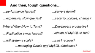 Copyright © 2012, Oracle and/or its affiliates. All rights reserved. Insert Information Protection Policy Classification from Slide 1210
..version of MySQL to run?
…servers down?
…will systems scale?
…security policies, change?
…performance issues?
Where/When/How to Tune?
…expensive, slow queries?
…Replication synch issues?
…managing Oracle and MySQL databases?
…Developers productive?
…can I recover?
And then, tough questions…
 