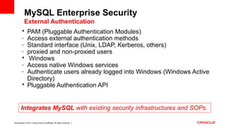 Copyright © 2012, Oracle and/or its affiliates. All rights reserved. Insert Information Protection Policy Classification from Slide 1214
 PAM (Pluggable Authentication Modules)
- Access external authentication methods
- Standard interface (Unix, LDAP, Kerberos, others)
- proxied and non-proxied users
 Windows
- Access native Windows services
- Authenticate users already logged into Windows (Windows Active
Directory)
 Pluggable Authentication API
Integrates MySQL with existing security infrastructures and SOPs.
MySQL Enterprise Security
External Authentication
 