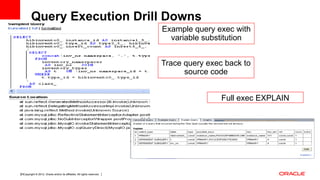 Copyright © 2012, Oracle and/or its affiliates. All rights reserved. Insert Information Protection Policy Classification from Slide 1223
Example query exec with
variable substitution
Trace query exec back to
source code
Full exec EXPLAIN
Query Execution Drill Downs
 