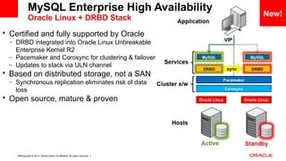 Copyright © 2012, Oracle and/or its affiliates. All rights reserved. Insert Information Protection Policy Classification from Slide 1228
 Certified and fully supported by Oracle
– DRBD integrated into Oracle Linux Unbreakable
Enterprise Kernel R2
– Pacemaker and Corosync for clustering & failover
– Updates to stack via ULN channel
 Based on distributed storage, not a SAN
– Synchronous replication eliminates risk of data
loss
 Open source, mature & proven
New!
MySQL Enterprise High Availability
Oracle Linux + DRBD Stack
 