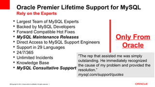 Copyright © 2012, Oracle and/or its affiliates. All rights reserved. Insert Information Protection Policy Classification from Slide 1234
 Largest Team of MySQL Experts
 Backed by MySQL Developers
 Forward Compatible Hot Fixes
 MySQL Maintenance Releases
 Direct Access to MySQL Support Engineers
 Support in 29 Languages
 24/7/365
 Unlimited Incidents
 Knowledge Base
 MySQL Consultative Support
Only From
Oracle
Oracle Premier Lifetime Support for MySQL
Rely on the Experts
"The rep that assisted me was simply
outstanding. He immediately recognized
the cause of my problem and provided the
resolution.”
mysql.com/support/quotes
 