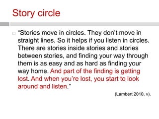 Story circle 
 “Stories move in circles. They don’t move in 
straight lines. So it helps if you listen in circles. 
There are stories inside stories and stories 
between stories, and finding your way through 
them is as easy and as hard as finding your 
way home. And part of the finding is getting 
lost. And when you’re lost, you start to look 
around and listen.” 
(Lambert 2010, v). 
 