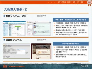 文教導入事例  (3)
Page  30
n 業務システム、SNS
l  利用者規模： 教職員  2500  名、学生  13900  名	
l  教務システム、学務システムをクラウド  (Microsoft  
Azure)  上に全て構築
l  国内初となる全面パブリッククラウド化を実現
l  教務・学務システムとデータ連動し、学生カルテ・
SNS  を学生用サービスとして提供	
学務・教務・周辺系全システムをクラウド化
国士舘大学
n 図書館システム
l  利用者規模 ：教職員  2500  名、学生  13900  名	
l  クラウド （Microsoft  Azure） 上で提供する図書館
システム
l  最新の機能で日々の業務をできる限り自動化し、
作業効率を向上	
クラウド図書館システム
国士舘大学
 