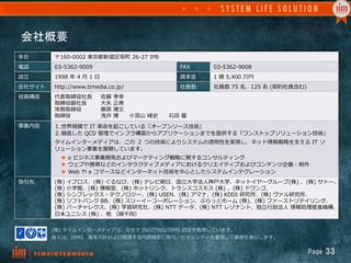 会社概要	
本社 〒160-‐‑‒0002  東京都新宿区坂町  26-‐‑‒27  IPB
電話 03-‐‑‒5362-‐‑‒9009 FAX 03-‐‑‒5362-‐‑‒9008
設⽴立立 1998  年年  4  ⽉月  1  ⽇日 資本⾦金金 1  億  5,400  万円
会社サイト http://www.timedia.co.jp/ 社員数 社員数  75  名、125  名  (契約社員含む)
役員構成 代表取締役社⻑⾧長
取締役副社⻑⾧長
常務取締役  
取締役
佐藤  孝幸
⼤大⽮矢  正典
藤原  博⽂文
浅井  博 　 　⼩小宮⼭山  峰史 　 　⽯石⽥田  馨
事業内容 1. 世界規模で  IT  ⾰革命を起こしている「オープンソース技術」
2. 徹底した  QCD  管理理でインフラ構築からアプリケーションまでを提供する「ワンストップソリューション技術」
タイムインターメディアは、この  ２  つの技術によりシステムの透明性を実現し、ネット情報戦略略を⽀支える  IT  ソ
リューション事業を展開しています。
l  e  ビジネス事業開発およびマーケティング戦略略に関するコンサルティング
l  ウェブや携帯などのインタラクティブメディアにおけるクリエイティブおよびコンテンツ企画・制作
l  Web  や  e  コマースなどインターネット技術を中⼼心としたシステムインテグレーション
取引先 (株)  イプロス、(株)  ぐるなび、(株)  テレビ朝⽇日、国⽴立立⼤大学法⼈人神⼾戸⼤大学、ネットイヤーグループ(株)  、(株)  サトー、
(株)  ⼩小学館、(株)  博報堂、(株)  ホットリンク、トランスコスモス  (株)  、(株)  ドワンゴ、
(株)  シンプレックス・テクノロジー、(株)  USEN、(株)  アマナ、(株)  KDDI  研究所、(株)  ヴァル研究所、
(株)  ソフトバンク  BB、(株)  スリーイーコーポレーション、ぷらっとホーム  (株)、(株)  ファーストリテイリング、
(株)  バーチャレクス、(株)  学習研究社、(株)  NTT  データ、(株)  NTT  レゾナント、独⽴立立⾏行行政法⼈人  情報処理理推進機構、
⽇日本ユニシス  (株)  、他  （順不不同）
(株)  タイムインターメディアは、全社で  ISO27001/ISMS  認証を取得しています。
我々は、ISMS 　基本⽅方針および関連する内部規定に則り、セキュリティを重視して業務を遂⾏行行します。
Page  33
 