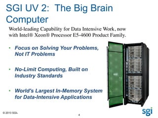 © 2013 SGI®
4
SGI UV 2: The Big Brain
Computer
•  Focus on Solving Your Problems,
Not IT Problems
•  No-Limit Computing, Built on
Industry Standards
•  World's Largest In-Memory System
for Data-Intensive Applications
World-leading Capability for Data Intensive Work, now
with Intel® Xeon® Processor E5-4600 Product Family.	

 