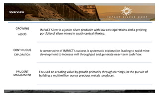 GROWING
ASSETS
CONTINUOUS
EXPLORATION
PRUDENT
MANAGEMENT
IMPACT Silver is a junior silver producer with low cost operations and a growing
portfolio of silver mines in south-central Mexico.
A cornerstone of IMPACT’s success is systematic exploration leading to rapid mine
development to increase mill throughput and generate near-term cash flow.
Focused on creating value by growth primarily through earnings, in the pursuit of
building a multimillion ounce precious metals producer.
Overview
3
 