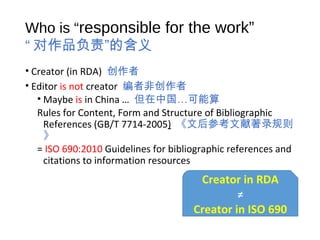 Who is “responsible for the work”
“ 对作品负责”的含义
• Creator (in RDA) 创作者
• Editor is not creator 编者非创作者
• Maybe is in China … 但在中国…可能算
Rules for Content, Form and Structure of Bibliographic
References (GB/T 7714-2005) 《文后参考文献著录规则
》
= ISO 690:2010 Guidelines for bibliographic references and
citations to information resources
Creator in RDA
≠
Creator in ISO 690
 