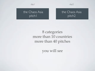 the Chaos Asia
pitch2
the Chaos Asia
pitch1
day1 day2
8 categories
more than 10 countries
more than 40 pitches
you will see
 