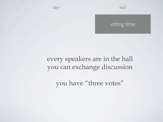 day1
every speakers are in the hall
you can exchange discussion
you have “three votes”
day2
voting time
 