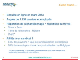 Cette étude…
5
• Enquête en ligne en mars 2013
• Auprès de 1.754 ouvriers et employés
• Répartition de l’échantillonnage = répartition du travail
• Statut - Sexe
• Taille de l’entreprise - Région
• (Age)*
• Affiliés à un syndicat ?
• 84% des ouvriers = taux de syndicalisation en Belgique
• 26% des employés < taux de syndicalisation en Belgique
* En ce qui concerne l’âge, il y a une légère surreprésentation des 45-49 ans et une petite sous-
représentation des travailleurs de moins de 25 ans.
www.securex.be/whitepapers
 