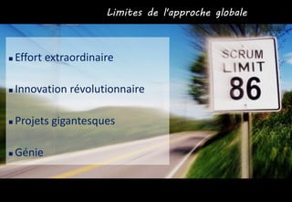 Origines de Scrum
 Effort extraordinaire
 Innovation révolutionnaire
 Projets gigantesques
 Génie
Limites de l'approche globale
 