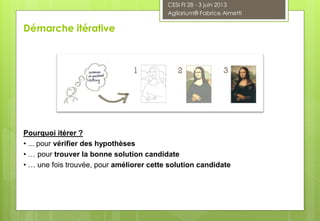 Pourquoi itérer ?
• ... pour vérifier des hypothèses
• … pour trouver la bonne solution candidate
• … une fois trouvée, pour améliorer cette solution candidate
Démarche itérative
CESI FI 28 - 3 juin 2013
Agilarium® Fabrice Aimetti
 
