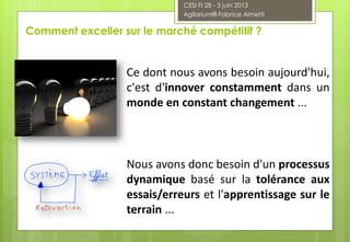 Ce dont nous avons besoin aujourd'hui,
c'est d'innover constamment dans un
monde en constant changement ...
Nous avons donc besoin d'un processus
dynamique basé sur la tolérance aux
essais/erreurs et l'apprentissage sur le
terrain ...
Comment exceller sur le marché compétitif ?
CESI FI 28 - 3 juin 2013
Agilarium® Fabrice Aimetti
 